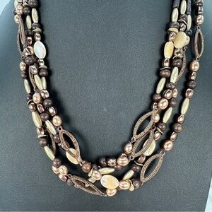 Coldwater Creek Layered Beaded Necklace Brown and Mother of Pearl Adjustable